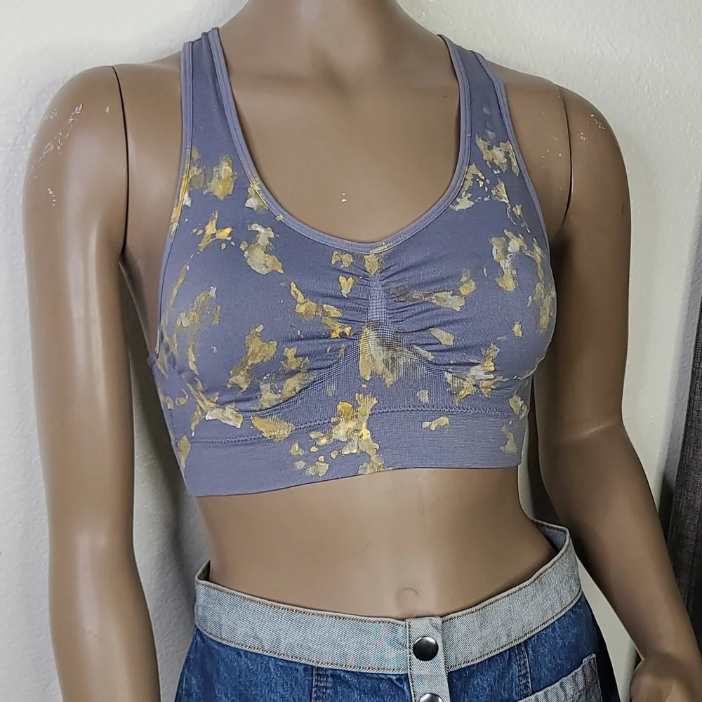 Sports Bra Racerback Gray Yellow Hand Painted One Size Yoga Pilates Gym Workout - Picture 1 of 4